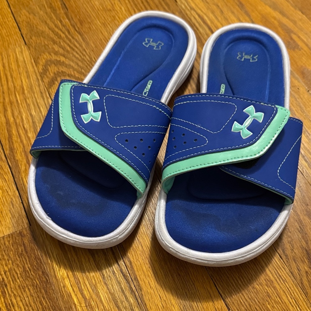 Under Armour Blue and Green Slide Sandals